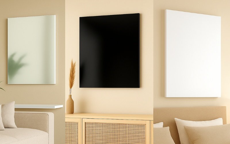 Home 3 Rahmenlose Glas Infrarotheizung als Designheizung im Wohnraum oder Badezimmer